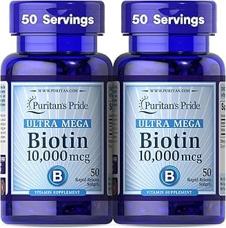 Premium Ultra Mega Biotin 10,000mcg, Dietary Supplement for Healthy Hair, Skin, Nails, and Energy Metabolism Support, 100 Day Supply, 50 Rapid Release Softgels, 2 Pack