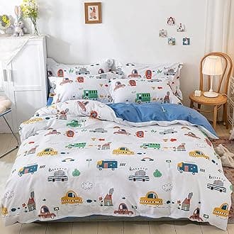 DJY Kids Car Duvet Cover Set Queen, 100% Cotton Cars Bus Print Bedding Set for Boys Girls, 3 Pieces Soft Breathable Reversible Comforter Cover Set (1 Duvet Cover+2 Pillowcase)