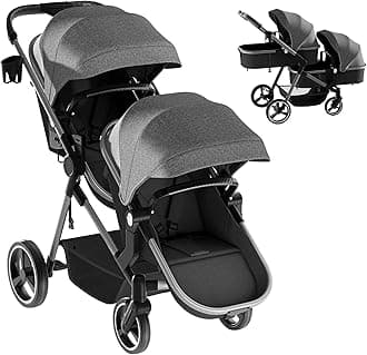 MU Double Stroller, Foldable Twin Tandem Stroller with Adjustable Backrest, Reversible Seat, 5-Point Harness, Storage Basket, Convertible Baby Bassinet for Infant and Toddler, Gray