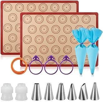 Angadona Macaron Silicone Baking Mats Kit (16pcs set) Macaroon Baking Mat Set of 2 Half Sheet Macaron Silicone Mat Nonstick Macaron Mat Sheet,6 Piping Tip,2 Piping Bag with 3 Bag Tie,2 coupler