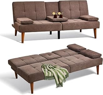COLAMY Futon Sofa Bed-Fabric Small Futon Couch, Futon Lounge Sofa, Futon Convertible with Cup Holder, Removable Armrest, Adjustable Backrest Brown