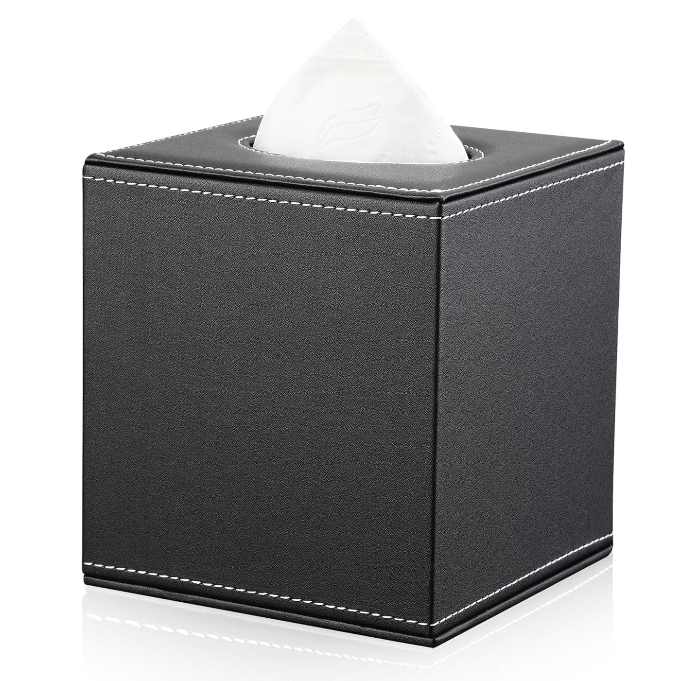 KINGFOM Square Pu Leather Tissue Box Cover, Modern Facial Tissue Holder, Roll Tissues Paper Case Dispenser for Bathroom Vanity Countertop, Night Stands, Office Desk & Car(Black)