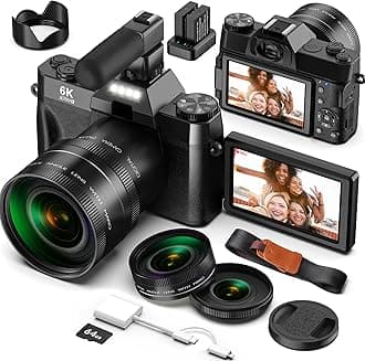Yatao Digital Cameras for Photography and Vlogging, 6K 64MP Flip Screen, Dual Lens, Microphone for Video, 64GB TF Card, Compact Photo WiFi Camera for YouTube Kit Travel, Beginners (Black)