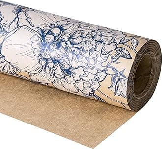 RUSPEPA Floral Wrapping Paper Roll, Mini Roll, Blue Roses with Delicate Foliage Kraft Paper, Vintage Flower Blooms Gift Wrap for Birthday, Wedding, Anniversary and Mother's Day, 17 Inches x 32.8 Feet