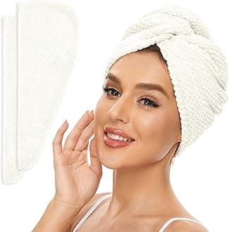 2 Pack Microfiber Hair Towel Wrap for Women, Anti Frizz Quick Drying Hair Turban for All Hair Style, Absorbent and Lightweight (Ivory)