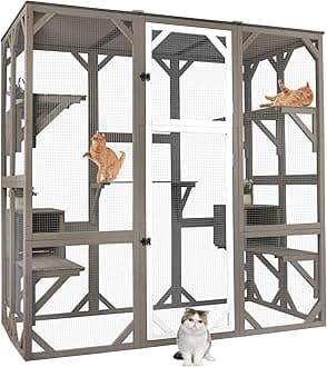 PetsCosset 71" Catio Outdoor Cat Enclosure, Large Wooden Weatherproof Outdoor Cat Enclosure for Indoor Cats, Catios Attached to Window Catio for Cats, 7Platforms-71-Inch H