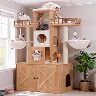 Cat Tree with Litter Box Enclosure for Indoor Big Cat, Cat Tower for Large Cats 20lbs Heavy Duty, Modern Cat Condo Furniture with Scratching Posts, Walnut HCT110WB