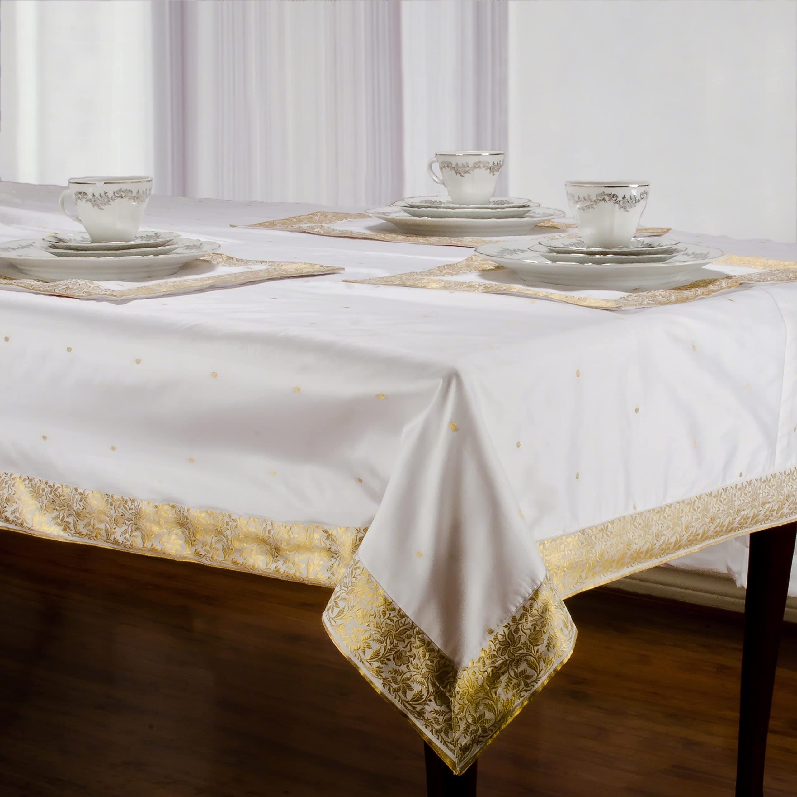 Pristine White Hand-Crafted Sari Fabric Rectangular Tablecloth with Golden Paisley Borders � Authentic Indian Decor Perfect for Celebrations & Everyday use - 60 X 144