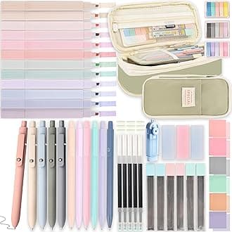 Aesthetic School Supplies with Pencil Pouch - 57 Pcs Cute College Essentials Set, Big Capacity Pen Case, Eraser Holder, Pastel Highlighters, Bible Study Journaling Stationary Kit for Girls Teens