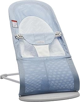 BabyBjörnBouncer Balance Soft, Light Grey Frame, Mesh, Sky Blue/White, 2-in-1 Adjustable Baby Bouncer Seat and Toddler Chair, Newborn to Toddler (8-29 lbs), 4 Positions, Lightweight & Portable