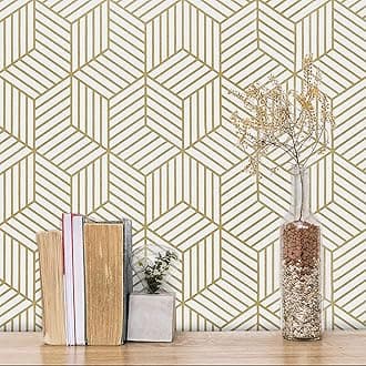 Gold and White Geometric Wallpaper for Walls (45x500cm)(Length 5-Meter) Sticker Wallpaper Peel and Stick Hexagon Removable Self Adhesive Waterproof Wallpaper