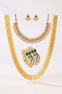 Jewellery Set Gold Plated Pearl Studded Bangles Jewelry, Long Maharani Temple Coin Necklace, Short Red Green Necklace Set with Earring Jewellery for Women and Girl