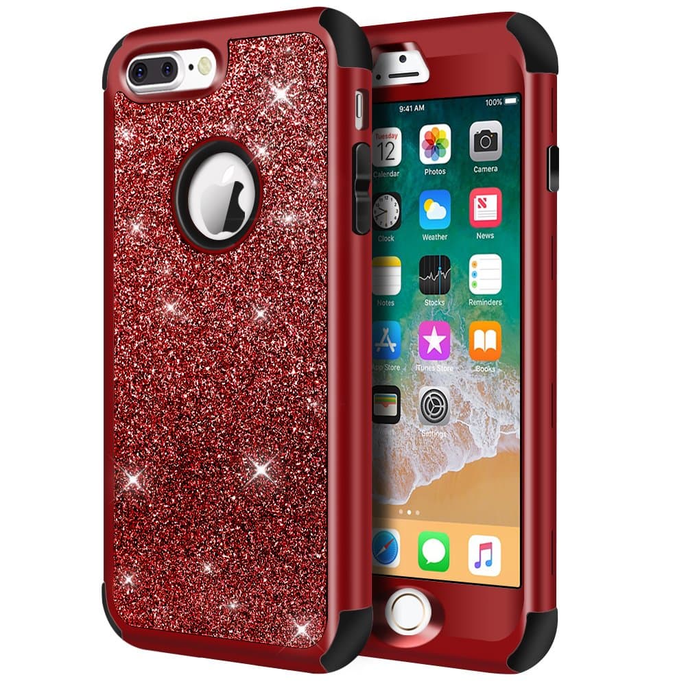 Hython Designed for iPhone 8 Plus, iPhone 7 Plus Case, Heavy Duty Defender Protective Bling Glitter Sparkle Hard Shell Hybrid Shockproof Rubber Bumper Cover for 7 Plus and 8 Plus, Red