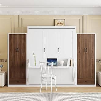 Flieks Full Size Murphy Bed, Wooden Full Wall Bed with Closet, Drawers and Desk, White