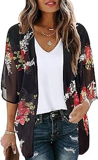 Women's Floral Print Puff Sleeve Kimono Cardigan Loose Cover Up Casual Blouse Tops