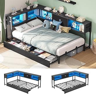 Hasuit Twin Corner Bed Frame with Storage Drawers and Bookcase Headboard, Twin Size Metal Platform Corner Bed Frame with Charging Station and LED Lights, Twin Daybed for Kids Teens Guests, Black