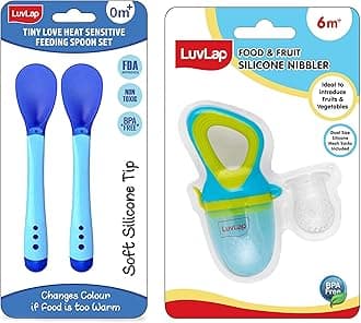 Luvlap Silicone Food/Fruit Nibbler with Extra Mesh, Soft Pacifier/Feeder, Teether for Infant Baby, Infant, Elegant Blue, Bpa Free & Tiny Love Heat Sensitive Baby Feeding Spoons Set, 2 Pcs, Blue
