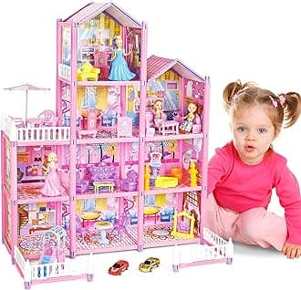 deAO Doll House for Girls, 4-Story Dollhouse with 10 Rooms, 2 Dolls, Furniture and Accessories, Toddler Playhouse Gift for 3 4 5 6 7 8+ Year Old Girls