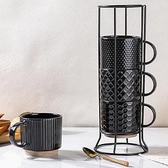 GBhome 12OZ Stackable Coffee Mugs with Stand, Ceramic Coffee Mugs with Texture Patterns for Man,Woman,Dad,Mom, Modern Coffee Cups Set of 4 for Latte/Cappuccino/Cocoa. Dishwasher&Microwave Safe,Black