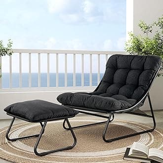 Grand patio Outdoor Lounge Chair with Ottoman, Comfy Sling Recliner Chair with Puffy Cushion and Foot Stool, Modern Patio Lounge Set for Porch Deck Garden, Dark Gray