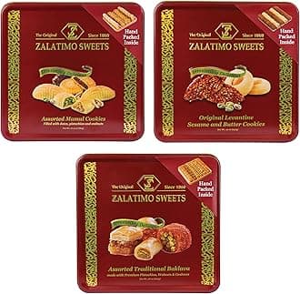 Zalatimo Sweets Since 1860 Shortbread Cookies Variety Pack, 100% All Natural Slightly Sweet, Square Metal Gift Tin, No Corn Starch, No Syrups! Assorted Baklava, Mamoul, Sesame & Butter (Pack of 3)