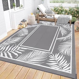 Bsmathom Waterproof Outdoor Rug 9x12ft Large Reversible Boho Plastic Straw Patio Deck Camping Rugs, Indoor Outdoor Portable RV Mat Carpet for Outside, Porch, Balcony, Backyard, Beach, Pool,Grey