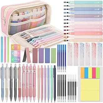 61 PCS Aesthetic School Supplies with Cute Pencil Case, Pastel No Bleed Highlighters, Gel & Erasable Pens, Mechanical Pencils, Refills, Complete Essentials Stationery Kit for Students (Pink)