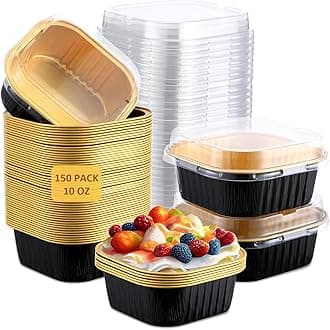 Aoriher 150 Pieces 10 oz Mini Cake Pans with Lids Aluminum Foil Baking Cups Square Disposable 4" x 4" Large Cupcake Cups Baking Tins for Kitchen Brownie Pudding Desserts Holders(Black, Gold)