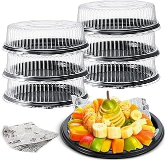 Tessco 6 Pcs Heavy Duty Serving Tray and Lid 12 Pcs Deli Wax Paper Sheets Large, Black Plastic Round Platters with Clear Lids for Party Food Sandwich Veggie Cookie Tray, Heavy Duty (12 Inch)