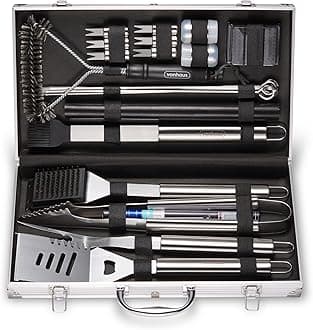BBQ Tool Set with Case, 25Pcs BBQ Accessories Kit Including Spatula, Fork, Tongs, Thermometer, Barbecue Grill Mat, Basting Brush & Cleaner, Heavy Duty Utensils for Outdoor Cooking