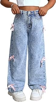 Jeans for Girls Baggy Wide Leg Cute Bow High Elastic Waisted Denim Pants Y2K Boyfriend Skater Streetwear 7-14Y