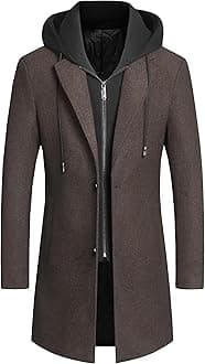Men's Wool Coat Hoodie Long Trench Coat Cotton Casual Woollen Overcoat Jacket