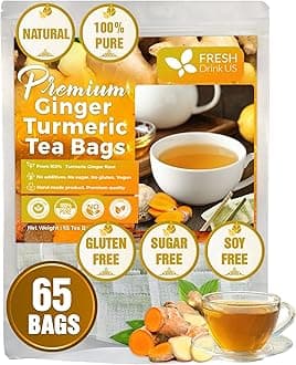 FRESHDRINKUS Premium 65 Turmeric Ginger Tea Bags, 100% Natural Ingredients, Hand-made Blend of and Ginger, Eco-conscious Bags. Herbal Tea. No Sugar, Caffeine, Gluten, Vegan.
