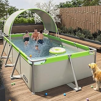 Metal Frame Swimming Pool Summer Rectangular Above Ground Pools Folding pool with shed roof Outdoor Lounge Pool for Adults Kids (Non-inflatable installation)(Size:4.5m)
