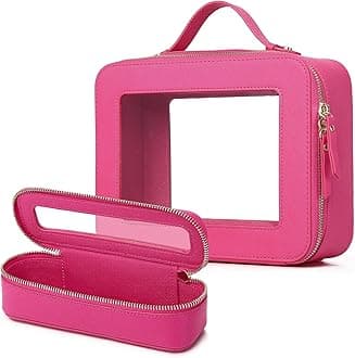 Clear Travel Makeup Bag with Brush Bag Portable Transparent Cosmetic Bag and Toiletry Bag Waterproof Clear Makeup Bag with Zipper Car Bag for Women (Fuxia, L+Slim)