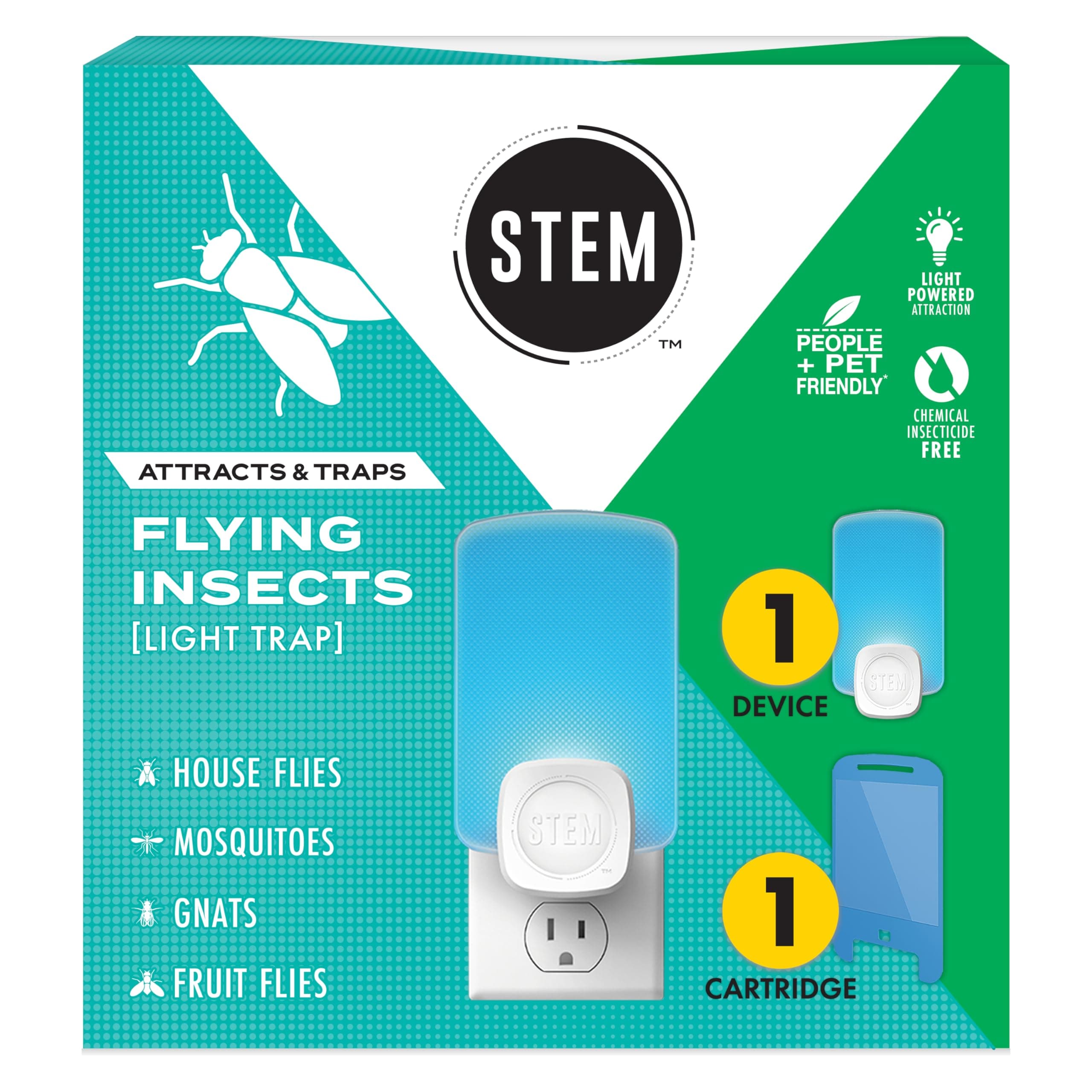 STEM Flying Insect Trap - Indoor Fruit Fly & Gnat Catcher for Home, Kitchen & Any Room, Attracts & Traps Bugs, Soft Blue UV Light - Includes 1 Plug-In Device & 1 Cartridge