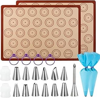 Angadona Macaron Baking Kit Silicone Mat - (22pcs set), 2 Half Sheet Macaron Silicone Mat,12 Piping Tip,2 Piping Bag with 4 Bag Tie,2 coupler, macaroon baking supplies