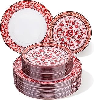 - 60pcs Red Plastic Plates Set - Floral Red & White Porcelain Design, 10.25" Dinner & 7.5" Dessert Plates Disposable for Christmas (Dishwasher Safe, Art Style)