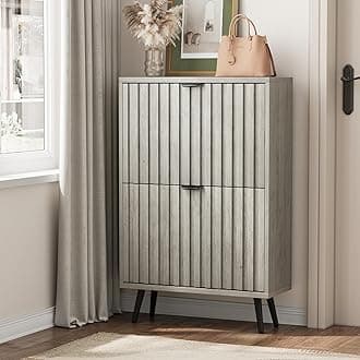 Smart FENDEE Shoe Storage Cabinet, Fluted Shoe Cabinet for Entryway, Grey Hidden Storage with Metal Legs, Flip Doors