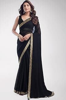 SIRIL Women's Georgette Lace Boarder Saree With Unstitched Blouse Piece