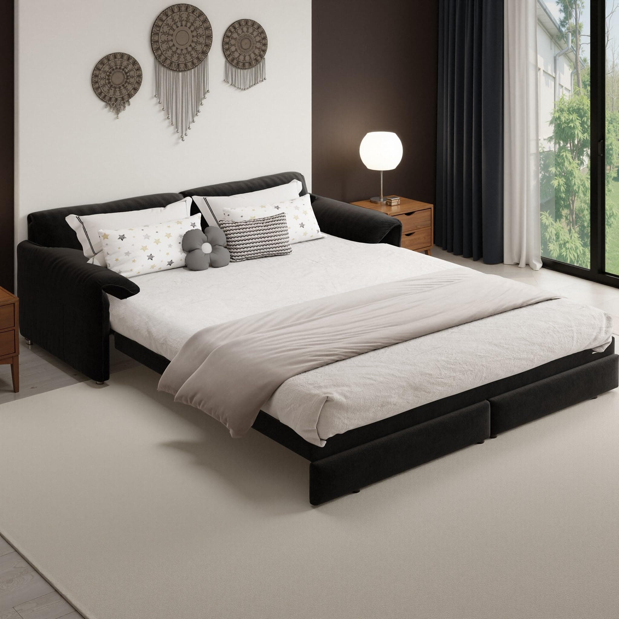 66" Queen Size Pull Out Sofa Bed, 3-in-1 Convertible Sleeper Sofa with Side Storage, Folding Floor Sofa Lounge Couch, Velvet Loveseat Bed for Living Room, Bedroom, Office, Black