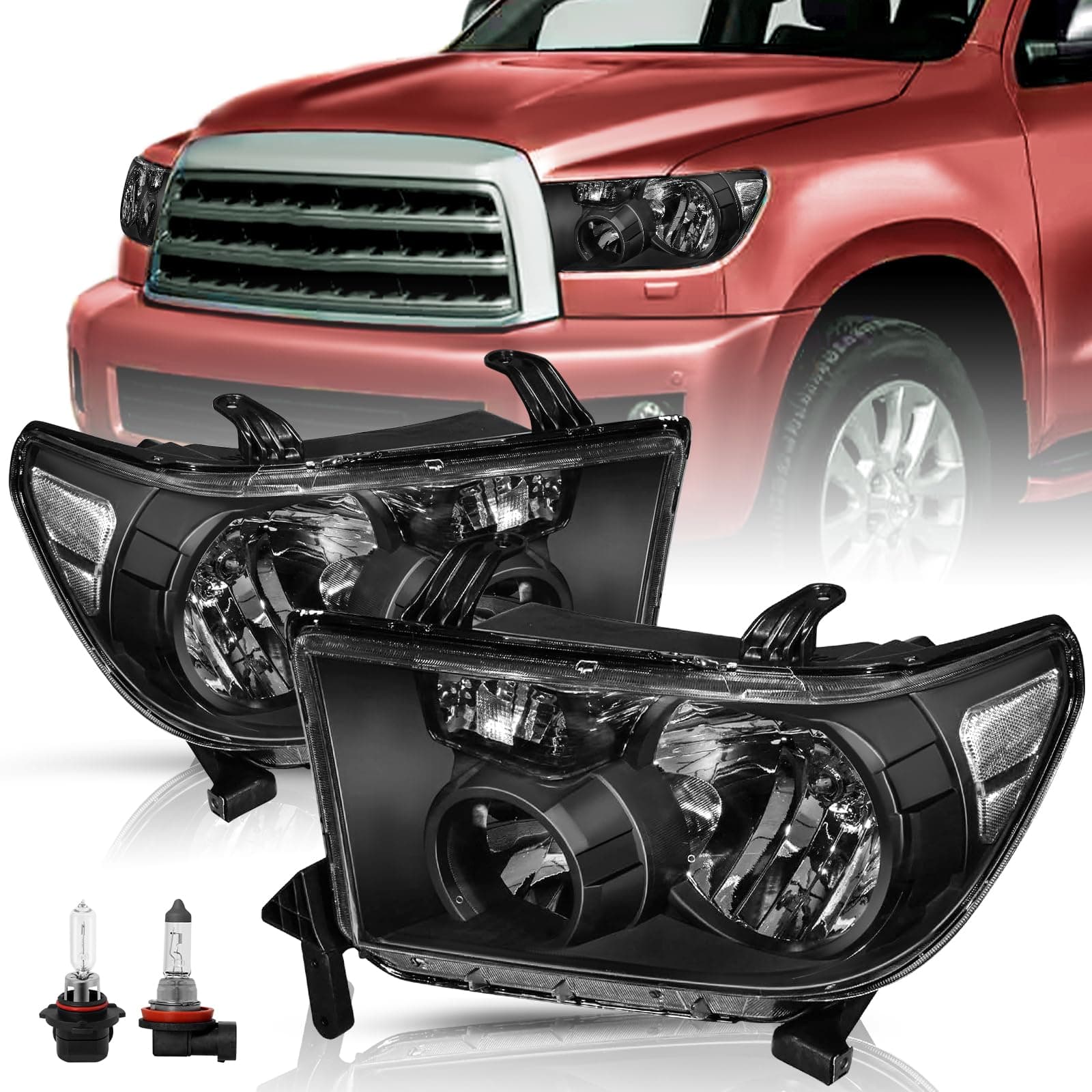 Headlight Assembly Replacement for 2007 2008 2009 2010 2011 2012 2013 Tundra / 2008-2017 Sequoia Driver and Passenger Side Black Housing with Bulbs,NOT fit for Tundra with Level Adjuster