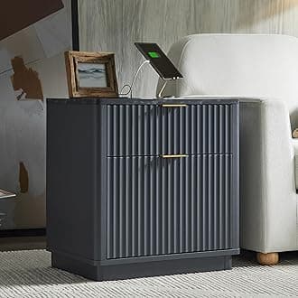 T4TREAM 23'' Fluted Nightstand with Charging Station, Large 2 Drawer Bedside Table, Modern End Table with Storage, Mid Century Night Stand for Bedroom, Living Room, Curved Profile, Dark Grey