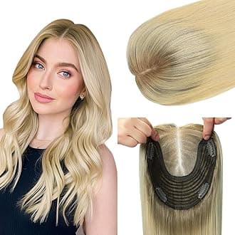 Hair Toppers for Women Real Human Hair 6x7 inch 150 Density Base 12 inch 55 grams ombre Ash Brown to Platinum Blonde Human HairTopper for Women with ThinningHair Cover Gray Roots（#8T60 12inch）