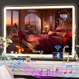 Hasipu Vanity Mirror with Lights and Bluetooth Speaker, 16"×12" LED Makeup Mirror Black