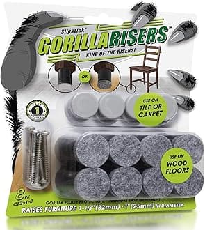 GorillaRisers CB251-8 Screw on Furniture Risers (8 Pack) Floor Protector Slider Legs Raise Chair or Table Height 1-1/4” to 1-1/2", Plastic & Felt Glide Combo, 1 Inch Round Chair Risers