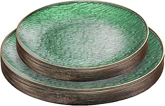 PLASTICPRO 24 Pieces Elegant Plastic Plates for Party Green with Gold Rim Includes 7" inch and 10" inch Fancy Plastic Plates Disposable Dinnerware