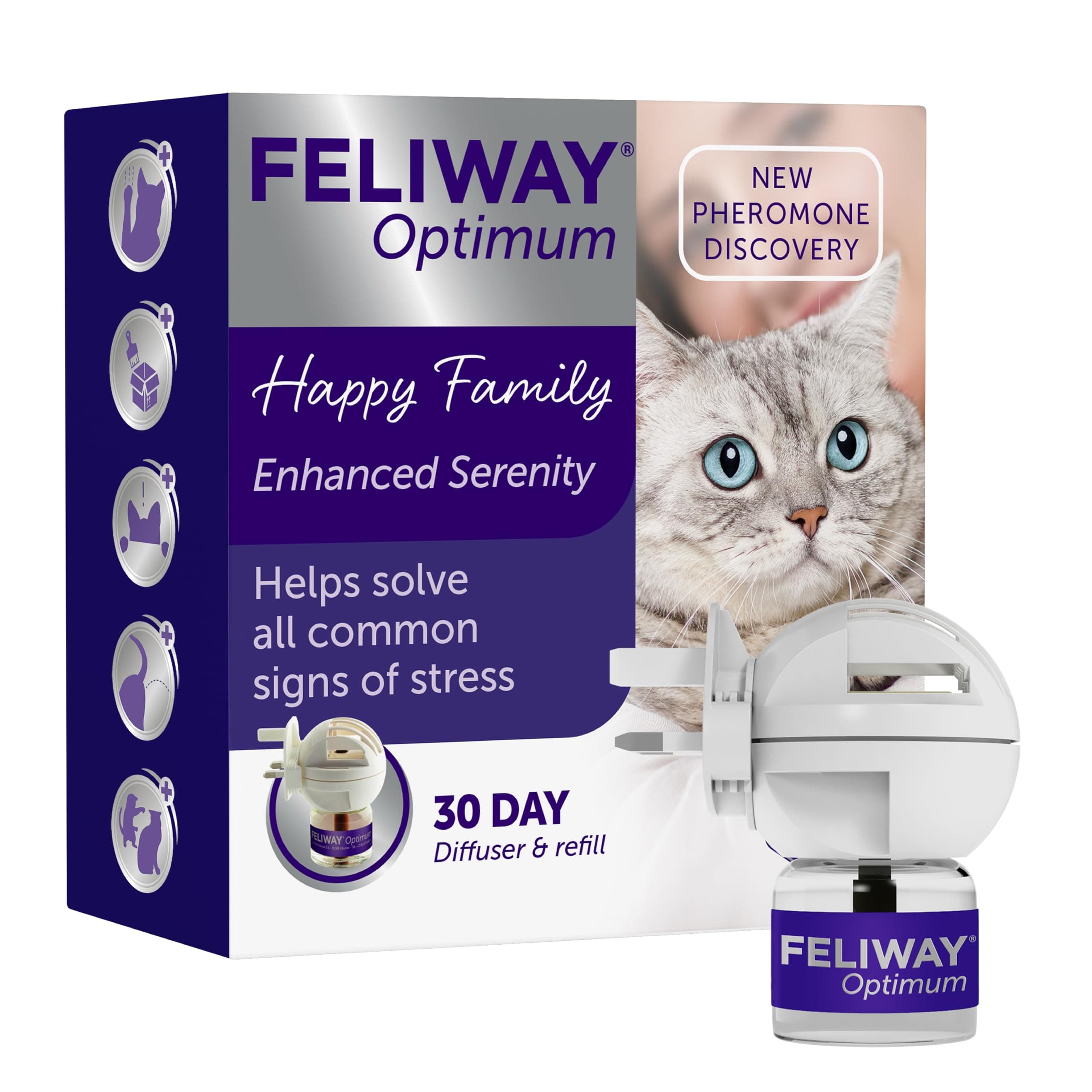 Feliway Optimum 30 Day Cat Calming Odourless Plug-In Pheromone Diffuser Starter Kit, 48ml - Helps Solve Signs of Stress in Cats and Kittens, Veterinary Recommended, Drug-Free, Clinically Proven