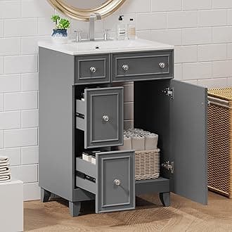 Harper & Bright Designs 24" Bathroom Vanity with Sink, Free Standing Single Basin Vanity Set with Two Drawers and One Door, Modern Solid Wood Bathroom Cabinet with Ceramic Basin for Bathroom, Grey