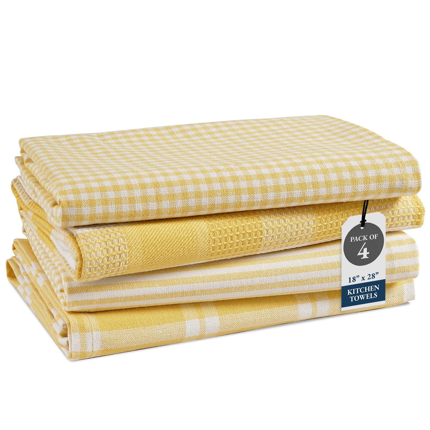 Cotton Kitchen Towels Set, 4-Pack – Absorbent, Quick-Drying Dish Towels, 18" x 28" - Yellow